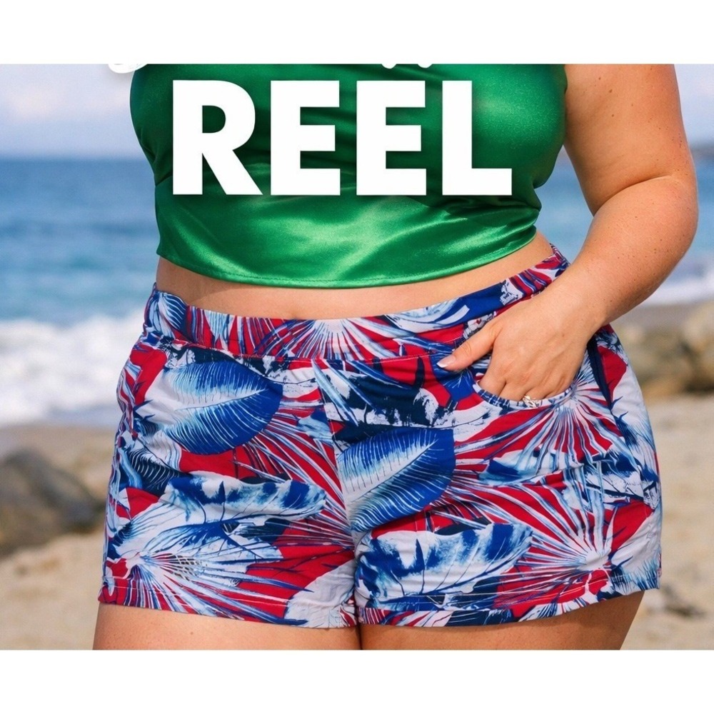 Reel Legends Swim Shorts Womens‎ 2X Red Tropical NEW UV Protection Performance